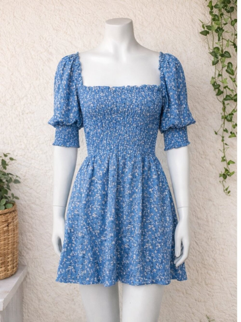 Reformation Elle Dress Lassen Blue Floral Smocked Mini Sz 2